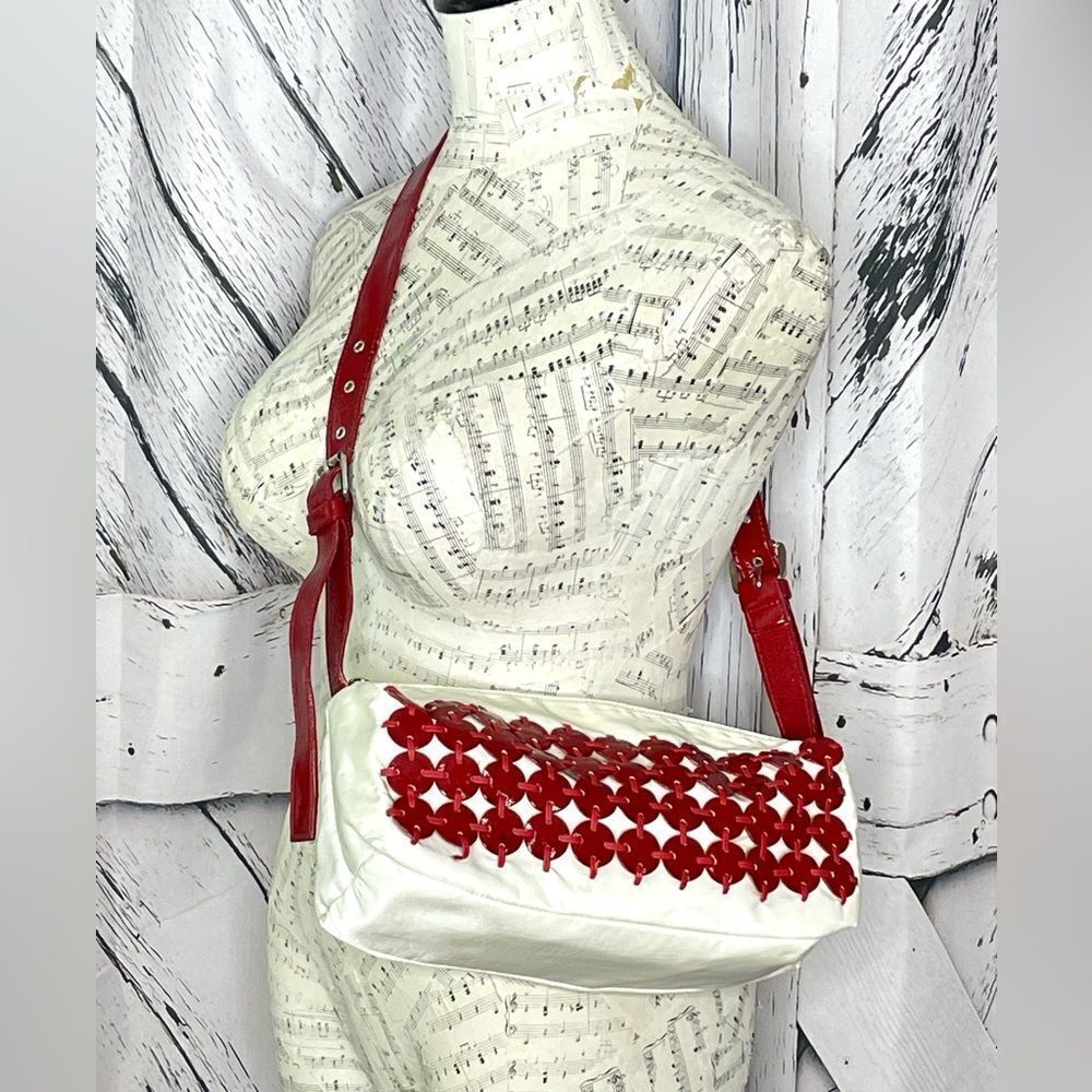 Berge White Nylon Shoulder Bag Red Patent Leather Trim Italy